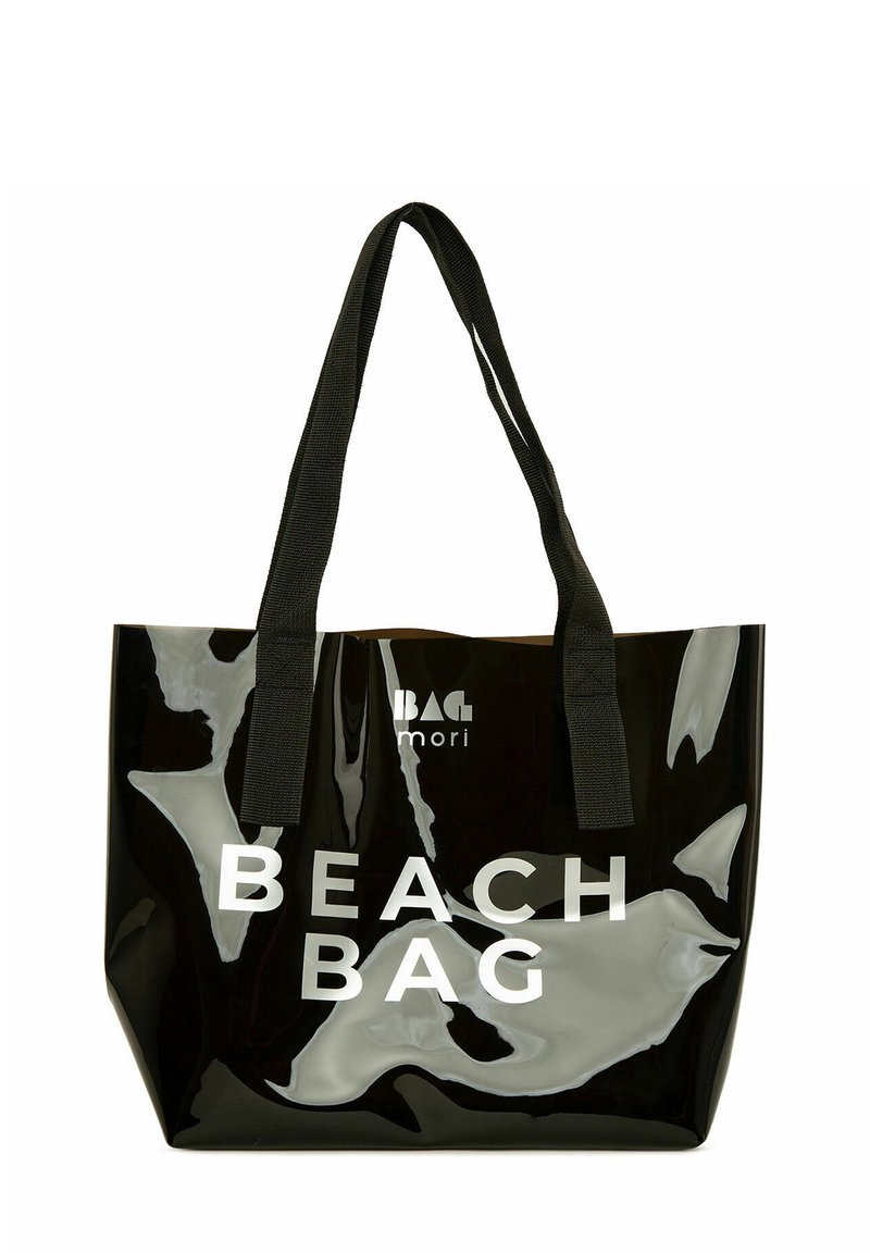 Borsa a tote nera lucida con la scritta "BEACH BAG" in lettere bianche in grassetto. Presenta robuste maniglie in tessuto nero e un ampio interno.