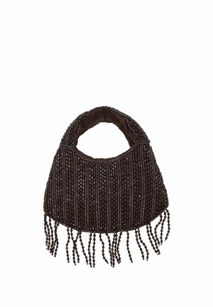 Petit sac à main marron foncé recouvert de perles rondes avec une poignée tressée et une longue frange perlée le long du bord inférieur.