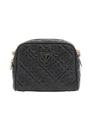 Sac à main noir matelassé avec un design texturé, accents en matériel doré et une plaque logo triangulaire à l'avant. Fermeture zippée.