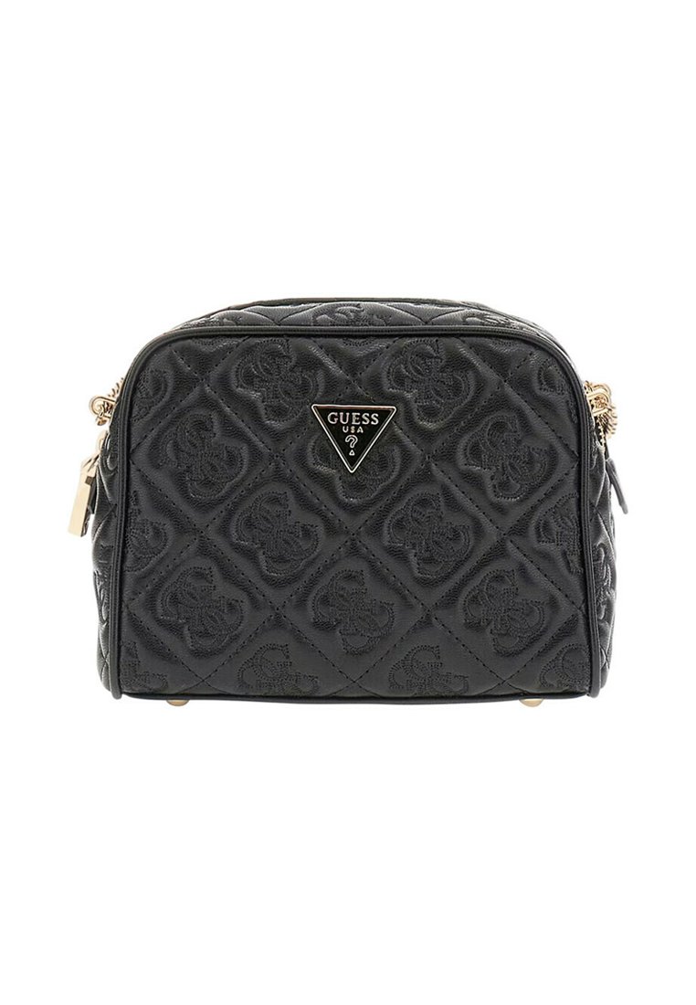 Bolso de mano acolchado negro con un diseño texturizado, detalles en hardware dorado y una placa de logo triangular en la parte frontal. Cierre de cremallera.