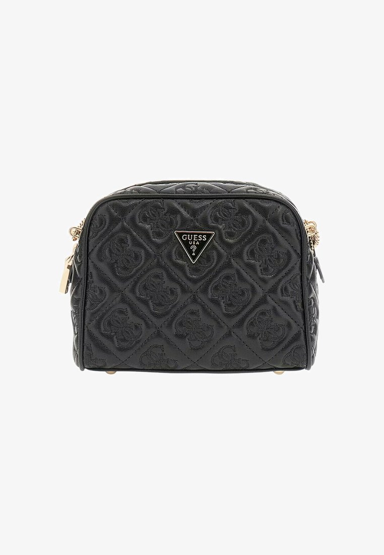 Black quilted handbag featuring a textured design, gold hardware accents, and a triangular logo plaque on the front. Zipper closure.