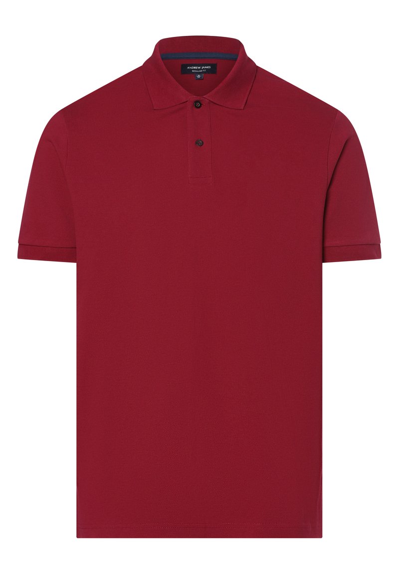 Rode polo shirt van textuurstof, voorzien van een klassieke kraag, een sluiting met drie knopen en korte mouwen. Effen kleur, geen patronen.