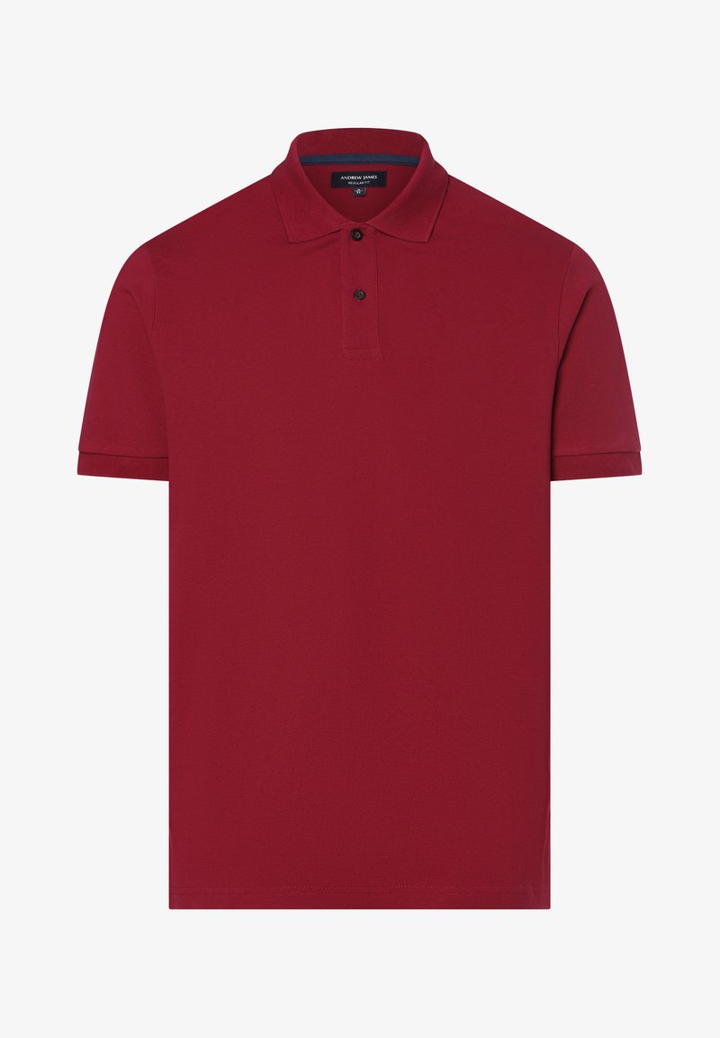 Rode polo shirt van textuurstof, voorzien van een klassieke kraag, een sluiting met drie knopen en korte mouwen. Effen kleur, geen patronen.