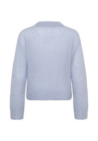 Pull bleu clair en maille avec un col rond, des manches longues et un ourlet court. Tissu doux et texturé avec des poignets côtelés.
