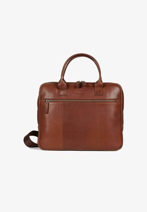 Malette en cuir marron avec deux poignées, poche zippée à l'avant et bandoulière, embossée du nom de marque "Howard".