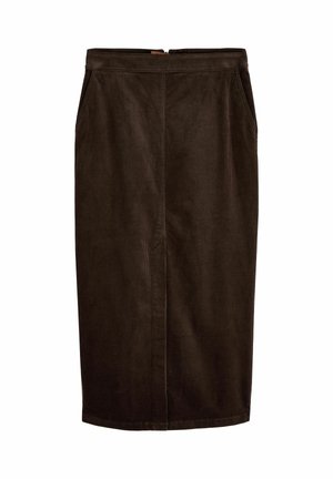 Brun kordgårds pencilkjol med smal passform, två sidofickor och en dold dragkedja i ryggen. Slät textur med vertikala ränder.