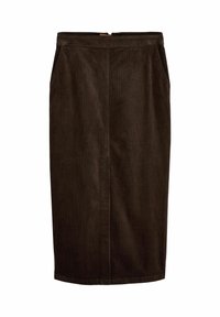 Brown corduroy pencil skirt with two side pockets, a back zipper closure, and a smooth texture, measuring knee-length.