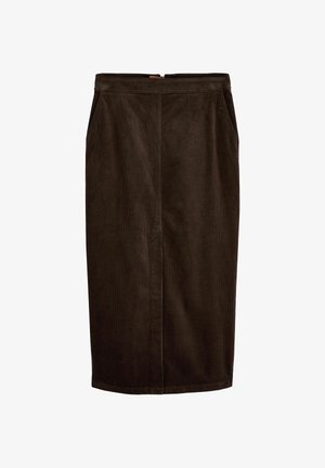 Brown corduroy pencil skirt with two side pockets, a back zipper closure, and a smooth texture, measuring knee-length.