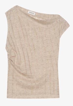Beige Oberteil mit kurzen Ärmeln, aus einem strukturierten, leichten Stoff gefertigt, mit Drapierungen und einem weiten Ausschnitt. Marke: Even & Odd.