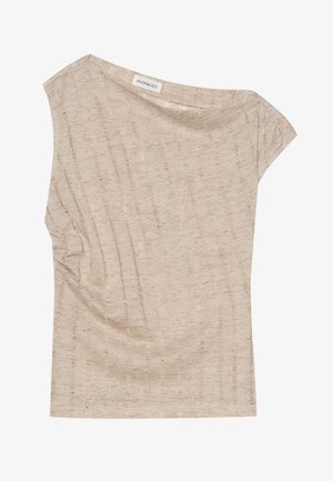 Top beige a maniche corte realizzato in un tessuto leggero e testurizzato, con dettagli drappeggiati e scollatura ampia. Etichetta: Even & Odd.