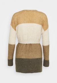 Long knitted cardigan featuring horizontal stripes in beige, light brown, dark brown, and olive green. Includes a matching belt at the waist.