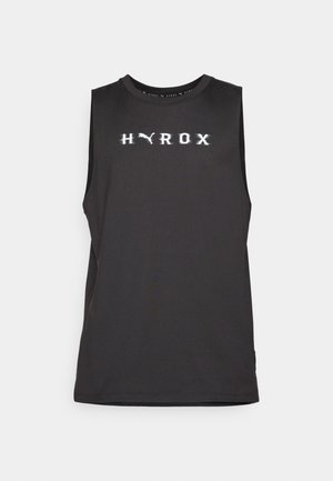 Schwarzes ärmelloses Sportoberteil mit "HYROX" in weißer Schrift über der Brust. Glattes Material, Rundhalsausschnitt und normale Passform.