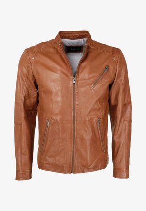 Braune Lederjacke mit Stehkragen, vorderen Reißverschlüssen und horizontal gestreiftem Futter. Verfügt über zwei Seitentaschen und eine vertikale Brusttasche.