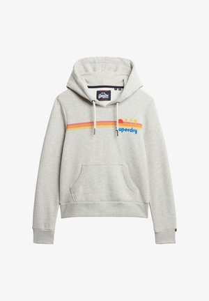 Jasnoszara bluza z kapturem, z regulowanym kapturem, przednią kieszenią i wielokolorowym logo "Superdry". Gładka faktura i casualowy design.