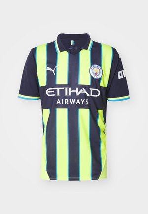 Niebieska koszulka piłkarska w paski neonowo-żółte z kołnierzykiem, z logo Pumy i napisem "ETIHAD AIRWAYS" nadrukowanym na przodzie.