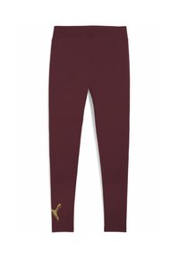 Burgundy leggings tillverkade av ett elastiskt material, med en slät textur, hög midja och en gyllene Puma-logotyp på den nedre vänstra benet.