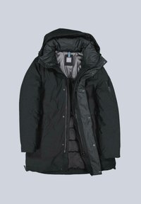 Black insulated parka with a zip front and snaps, spacious hood, and two side pockets. Textured interior lining and tag visible inside.
