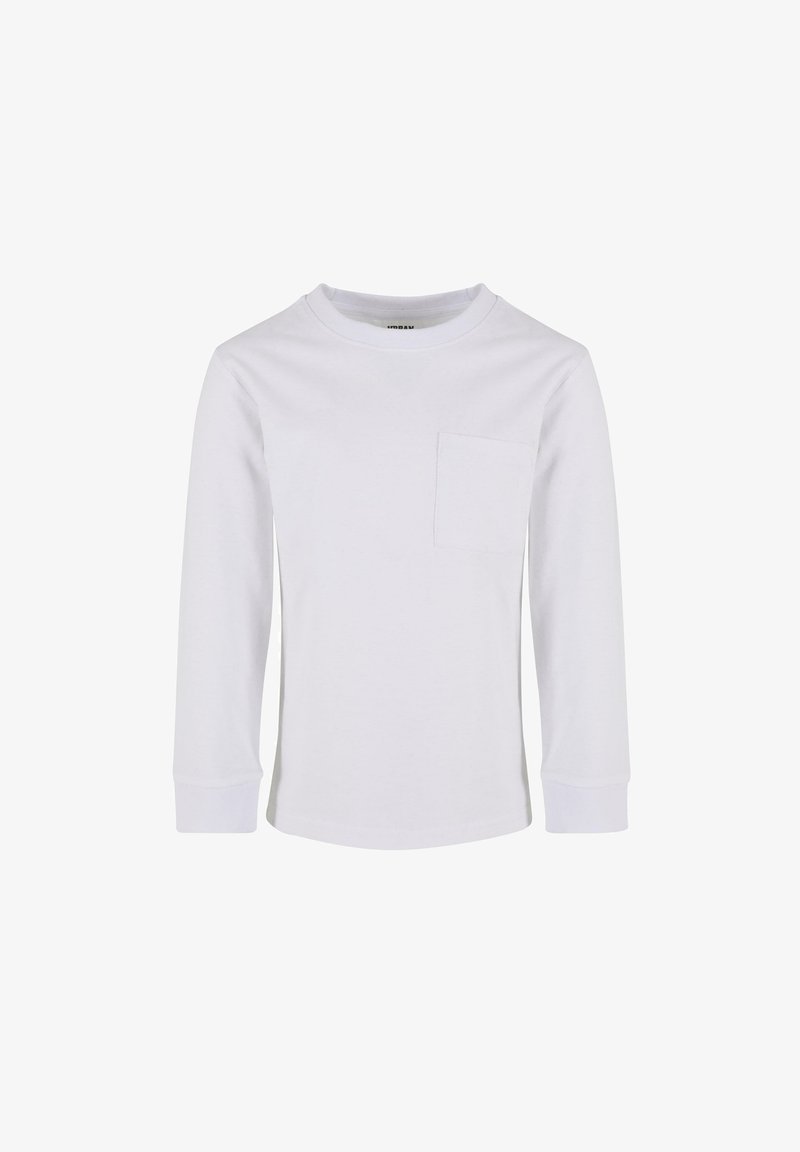 Valge pikakä sleeves T-särk, mis on valmistatud puuvillast. Omab ümmargust kaelust ja ühte rinnataskut. Sile tekstuur, istuvad varrukad, mustrid puuduvad.