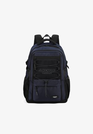 Navy backpack made of durable fabric, featuring multiple zippered compartments, mesh accents, and adjustable padded straps for comfort.