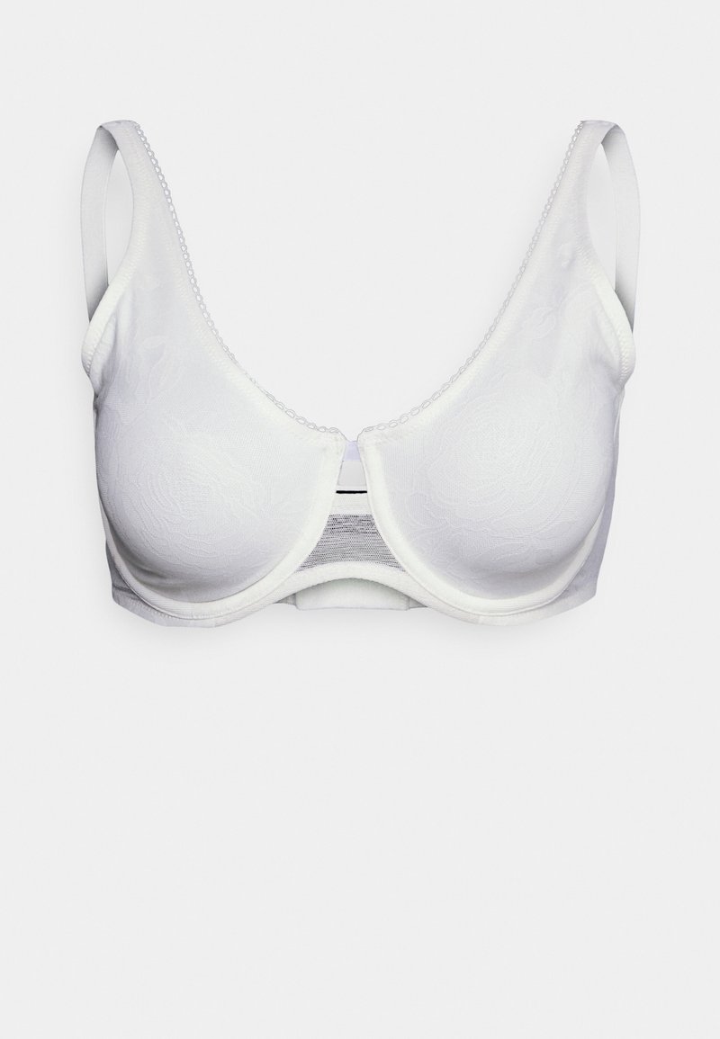 Soutien-gorge blanc avec des bonnets moulés, texture florale, bretelles ajustables et une fermeture à crochets à l'arrière. Bordure décorative subtile le long des bords.