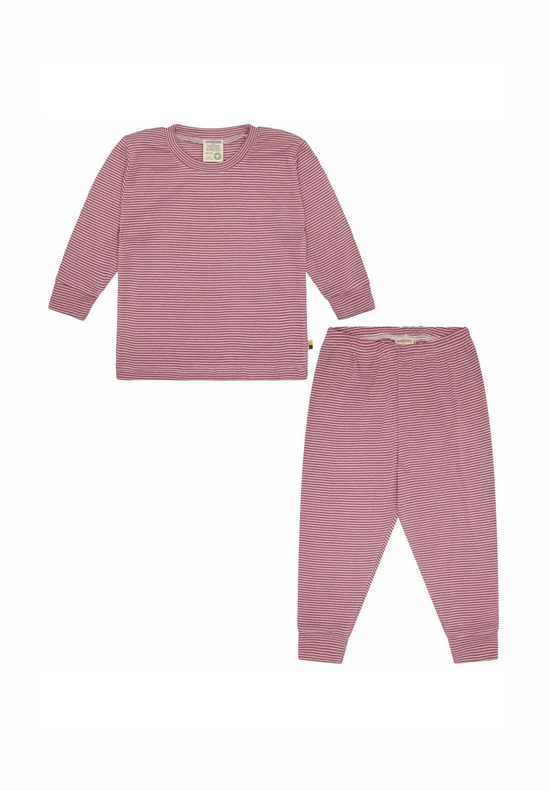 Rood-wit gestreepte pyjama-set met een lange mouw top en bijpassende broek. Zachte stof met ronde hals en elastische tailleband.