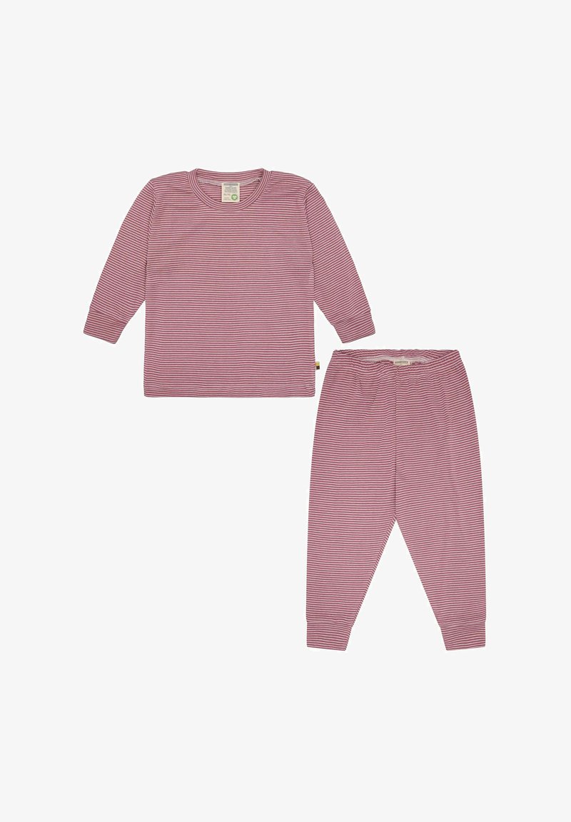 Set di pigiama a righe rosse e bianche composto da una maglia a maniche lunghe e pantaloni abbinati. Tessuto morbido con colletto a girocollo e vita elastica.