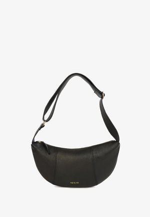 Black leather handbag with a curved, half-moon shape, gold hardware, and a single adjustable strap. Features minimalistic embossed branding.