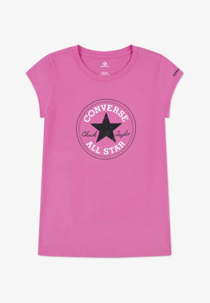 Maglietta di cotone rosa con grafica di una stella nera e testo "Converse All Star", scollatura rotonda e maniche a cappuccio. Tessuto morbido.