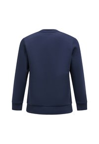 Felpa blu navy con colletto rotondo, maniche lunghe e polsini e orlo a costine. Realizzata in tessuto morbido con una texture liscia.