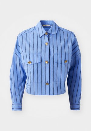Cropped blue shirt with vertical navy stripes, two front pockets, gold-tone buttons, and a classic collar. Made of lightweight fabric.