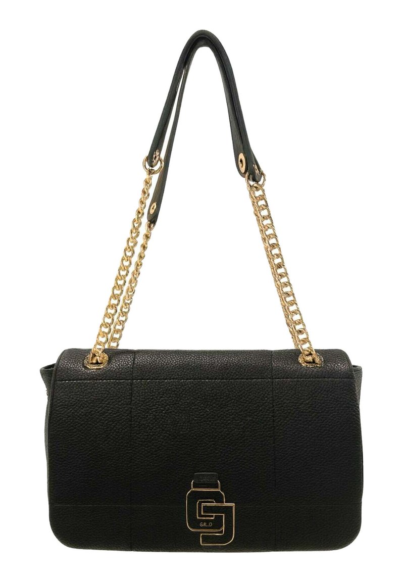 Borsa a tracolla in pelle nera con finitura testurizzata. Presenta una catena in oro e una tracolla in pelle, con un accento del logo dorato sulla parte anteriore.