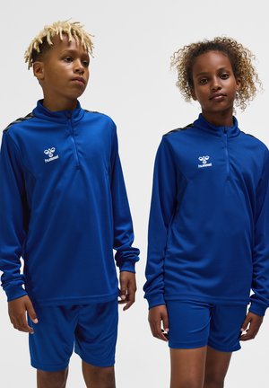 Dwoje dzieci w pasujących niebieskich sportowych koszulkach i szortach stoi obok siebie na jednolitym tle.