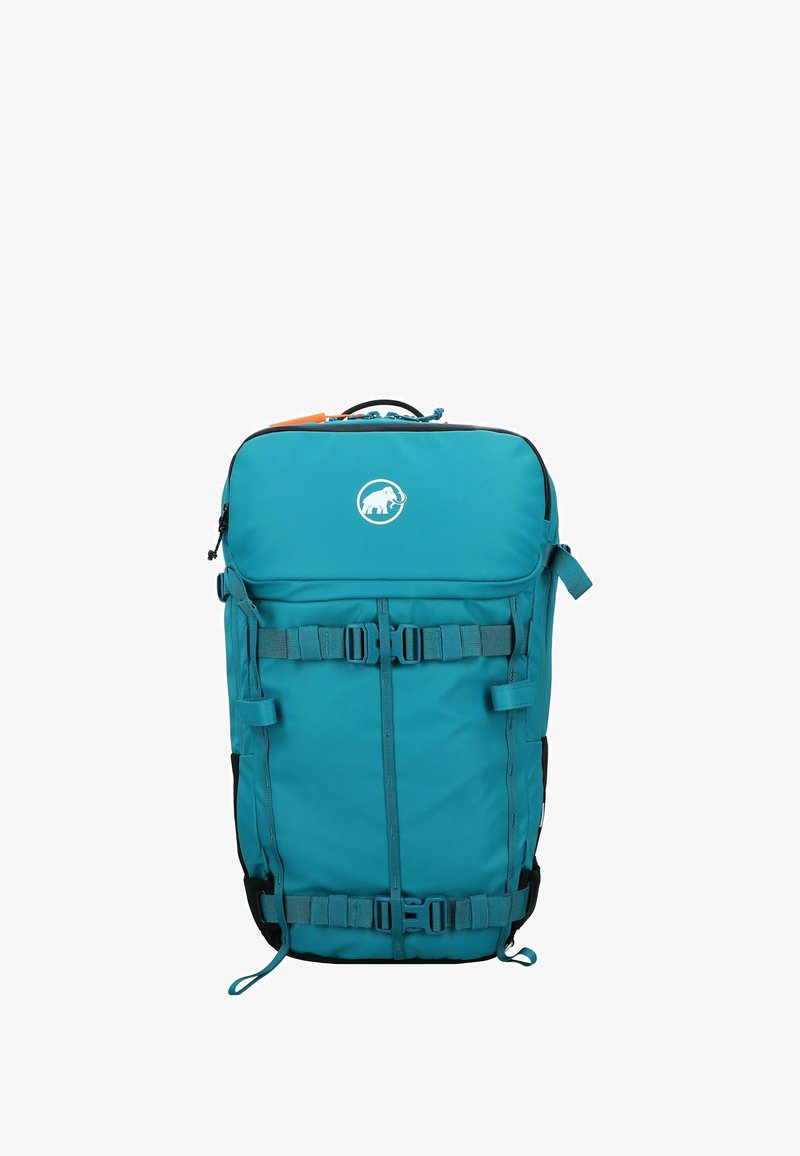 Zaino da trekking turchese con forma rettangolare, compartimento principale con zip, spallacci grigi e un logo bianco sul davanti. Presenta fibbie regolabili.
