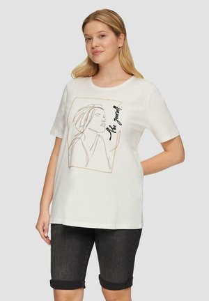 Witte katoenen T-shirt met een ronde halslijn, voorzien van een minimalistische lijntekening van een gezicht en de tekst "Wees jezelf" in zwart cursief.
