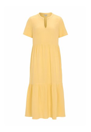 Gelbes Midikleid mit kurzen Ärmeln, geteiltem Rundhalsausschnitt, geraffter Taille und mehrlagigem Rock.