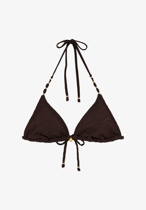 Tumepruuni värvi kolmnurkse bikiini ülaosa, millel on kaela ja selja taga reguleeritavad sõlmed, väikesed kuldsed helmeste aksendid ja õrn tekstuuriline muster.