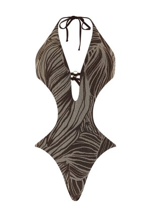Maillot de bain une pièce avec décolleté en V profond, noué autour du cou, découpes sur les côtés, et motif abstrait ondulé brun et beige.