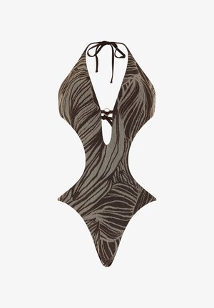 Maillot de bain une pièce avec décolleté en V profond, noué autour du cou, découpes sur les côtés, et motif abstrait ondulé brun et beige.