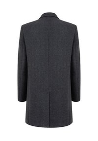 Szary wełniany płaszcz z klasycznym kołnierzem, prostym krojem, długimi rękawami i detalem wzdłuż szwu środkowego z tyłu. Brak widocznych elementów metalowych.