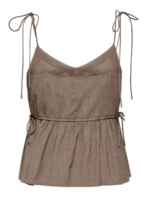 Blouse marron texturée sans manches avec fines bretelles à nouer, un décolleté en V subtil et une taille froncée avec des détails à nouer sur les côtés.