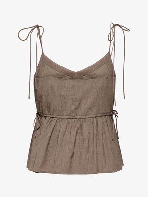 Blouse marron texturée sans manches avec fines bretelles à nouer, un décolleté en V subtil et une taille froncée avec des détails à nouer sur les côtés.