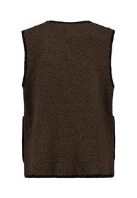 Brauner Fleece-Ärmelloser Weste mit einer strukturierten Oberfläche und schwarzer Einfassung. Hat keine Verschlüsse und seitliche Taschen.