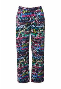 Multifarvede pyjamasbukser med en sort baggrund, der har et blomstermotiv og forskellige tekster, heriblandt ordet "blomst" i flere farver.