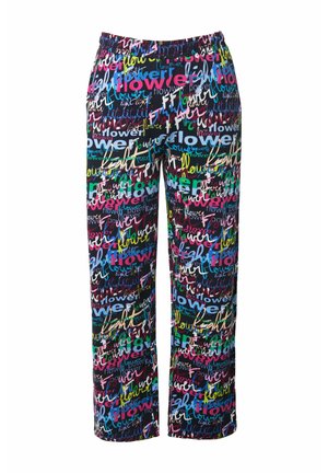 Multicolored pyjamabroek met een zwarte achtergrond, versierd met een bloemenpatroon en verschillende teksten, waaronder het woord "bloem" in meerdere kleuren.