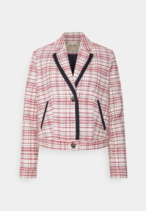 Blazer a quadri bianchi e rossi con rifiniture nere lungo il rever e le tasche, con due bottoni e maniche lunghe.