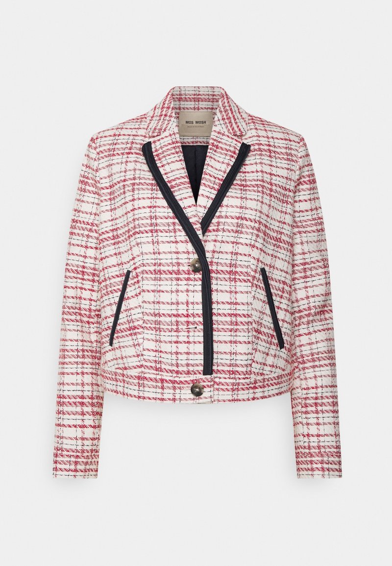 Blazer à carreaux blancs et rouges avec bordure noire le long des revers et des poches, avec deux boutons et manches longues.