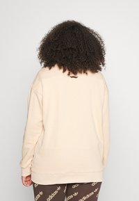 Krēms krāsas džemperis, kas izgatavots no mīksta auduma, ar brīvu piegriezumu, garām piedurknēm un nelielu logotipa detaļu aizmugurē.