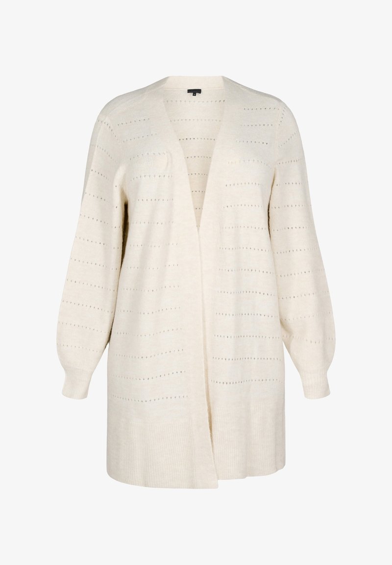 Cremfarbener gestrickter Cardigan mit lockerem Schnitt, offener Front und strukturierten horizontalen Streifen. Ribbed Bündchen und Saum verleihen Details.