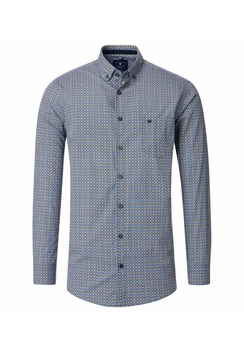 Blauw overhemdding met een geometrisch patroon in geel en wit. Kenmerkt zich door een kraag, lange mouwen en knoopsluiting.