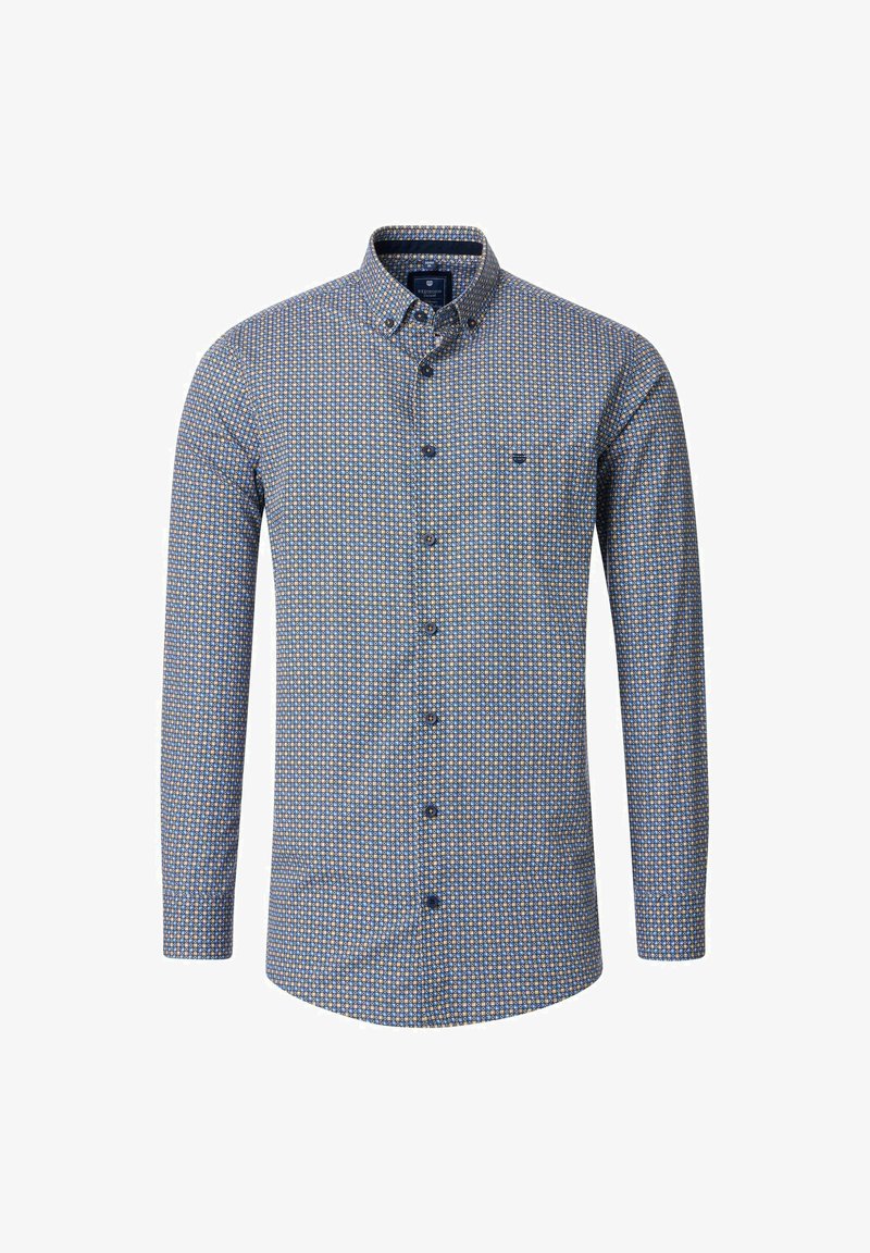 Blauw overhemdding met een geometrisch patroon in geel en wit. Kenmerkt zich door een kraag, lange mouwen en knoopsluiting.